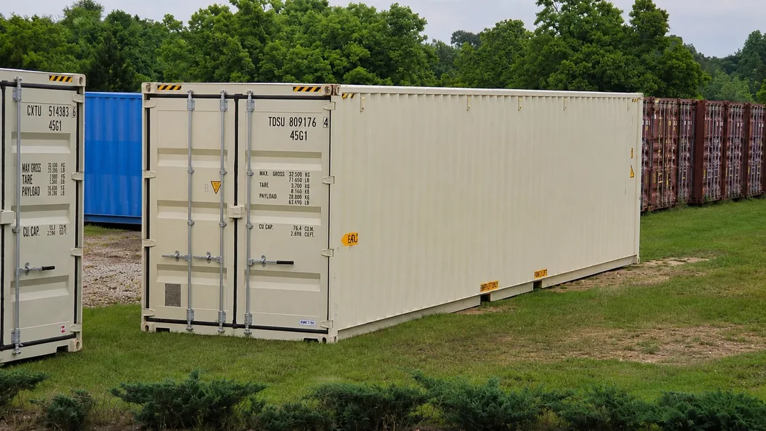 40-foot shipping containers up close at the Affordable Storage Containers yard in Prattville, Alabama